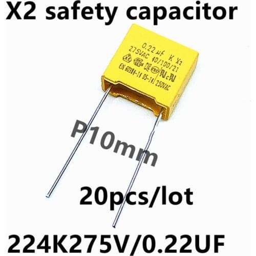 20pcs/lot X2 safety capacitor 224K275VAC MKP 0.22UF 220NF 250V 275V224 P10mm