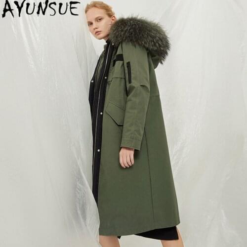 AYUNSUE Womens Down Jacket Real Raccoon Fur Collar Hooded Parkas Woman 95%gray Goose Down Jackets Female Long Coats Ropa TN213