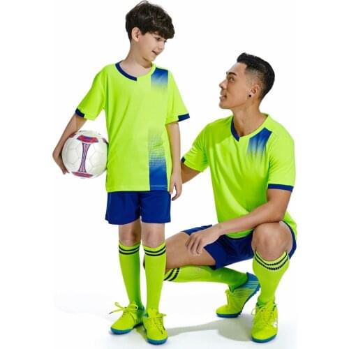 Parents and Kids Custom Name Number Fluorescence Green Soccer Jerseys Set Boys Football Games Uniforms Men Trainning Suit