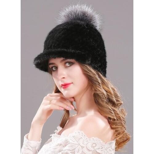Mink Fur Hat Winter Authentic Knitted Baseball Cap Russian Fashion Elegant Ladies Warm Cap Fur Hat Free Shipping