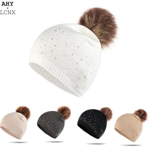 Fashion Women Winter Hat Warm Knit Real Fur Pompom Hats Beanies Skullies For Womens Girls Pom Pom Cap With Rhinestone Diamond