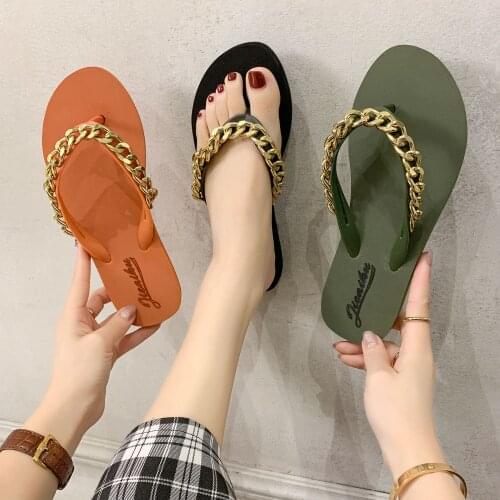 Summer Beach Shoes 2021 Flat Flip-flops Women Chain Rhinestone Womens Slippers Sandals Woman Shoes Outdoor