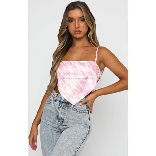 Womens Fashion Bandage Backless Camisole Fresh Printing Irregular Exposed Navel Suspender Tops