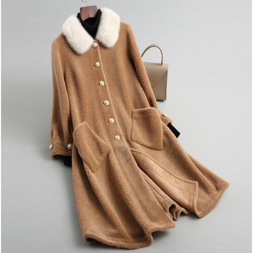 Women Real Wool Fur Coat Natural Mink Fur Collar 2020 New Korean Long Sheep Shearing Coats Winter Jacket Female 18164-1