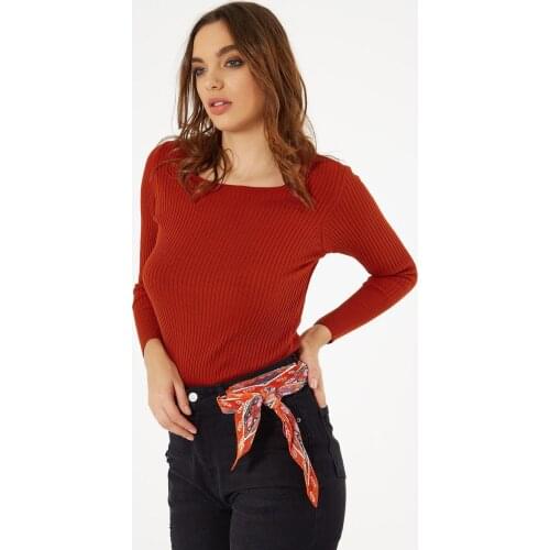 Women Gril Square Collar Ribbed Slim Sweater