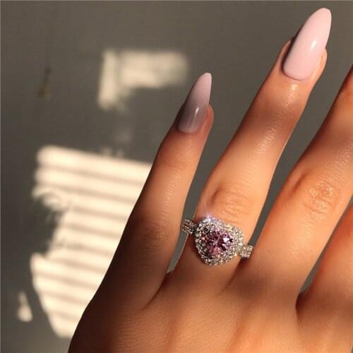 Modyle Fashion Silver Color Pink Crystal Heart Wedding Rings For Women Luxury Elegant Zircon Engagement Rings Jewelry Gifts
