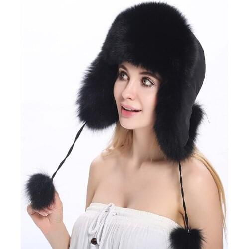 ZY84005 Protect Ear Warm High-end Female Snow Cap With Ball Hot Sell Winter Genuine Real Fox Fur Russian Style Cap