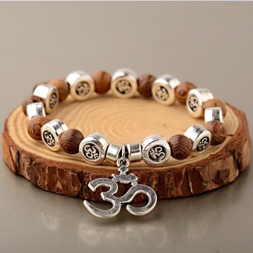 2019 Classic Natural Wood Beads Bracelets For Women Meditation Prayer Sliver Om Pendant Bracelet Men Wooden Yoga Jewelry