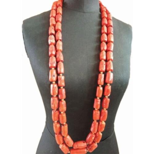 4UJewelry 13-14mm Nigerian Mens Coral necklace Long Design 2 Layers Bridal Jewelry Set For Groom Bracelet and Necklace 2 Pieces Jewellery Set 2019 Tribal Wedding Set Nigerian