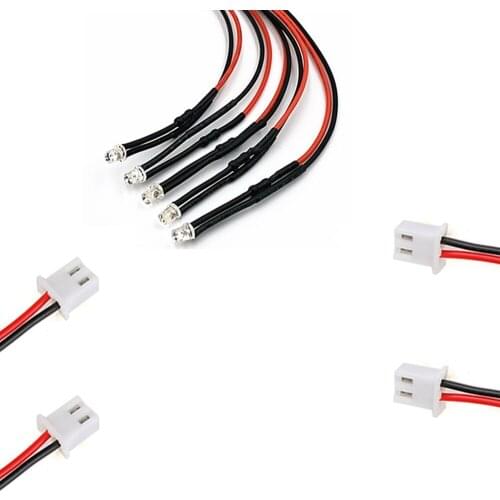 50Pcs 2V 3V 5V 6V 9V 12V Flat Head Clear 3mm Pre-wired LED With 20cm Wire And XH2.54 Plug, Light=White Red Blue Green Yellow