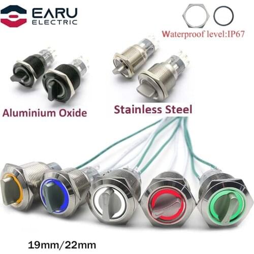 19/22MM Self-return Momentary Self-locking Fixation Waterproof DPDT Metal Selector Knob Rotary Switch 2 3 Position with LED Lamp