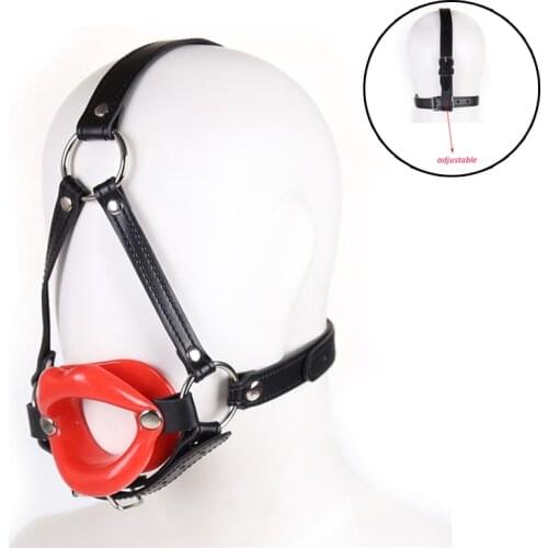 BDSM Rubber Lip Shape Open Mouth Gag Bondage ,Erotic PU Leather Head Harness Restraint Penis Insert Oral Sex Gag