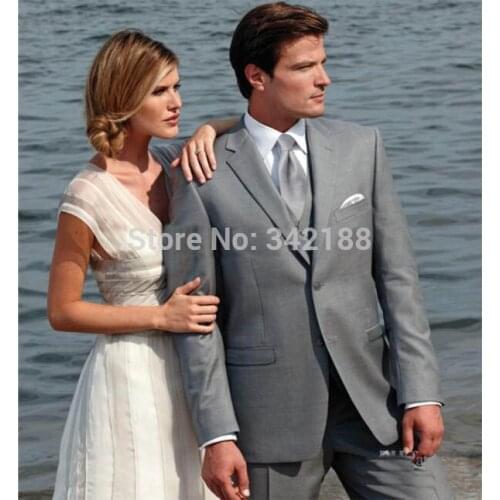 FREE SHIPPING/High quality Light grey Two buttons Notch Lapel Groom Tuxedos Groomsmen Men Wedding Suits Best man Suitswedding me