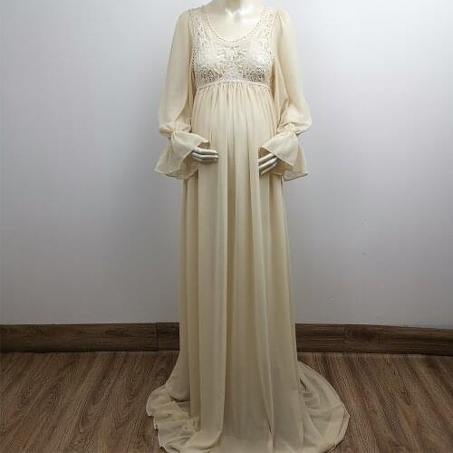 Beige Long Floral Embroidery Maternity Dresses Photo Shoot Pregnant Chiffon Gown Baby Shower Clothes for Women Photography Props