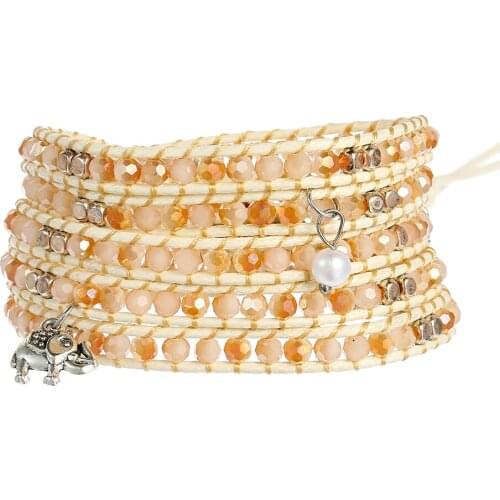 Faceted Champagne Crystal Wrap Bracelet Charm Elephant Moon Pearl Geometric Copper Beads Bracelets for Women Boho Jewelry Gift