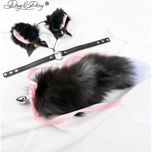 DAVYDAISY Cute 3 Pieces Anal Plug Set Choker Cat Ears Fox Tail Butt Plug Anal Toy Butt Toy Tail Plug Cosplay Adult Toy AC120