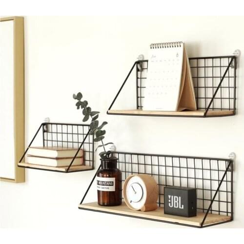 Wooden Iron Wall Shelf Wall-mounted Storage Rack Kitchen Bedroom Home Decoration Kids Room DIY Wall Hanging Decoration Rack