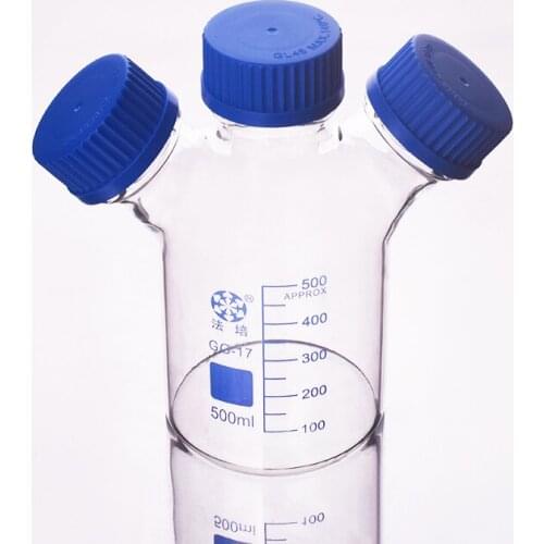 FAPEI Reagent bottle,With 3 blue screw covers,Borosilicate glass, 500ml GL45mm,Graduation Sample Vials Plastic Lid with 3 necks
