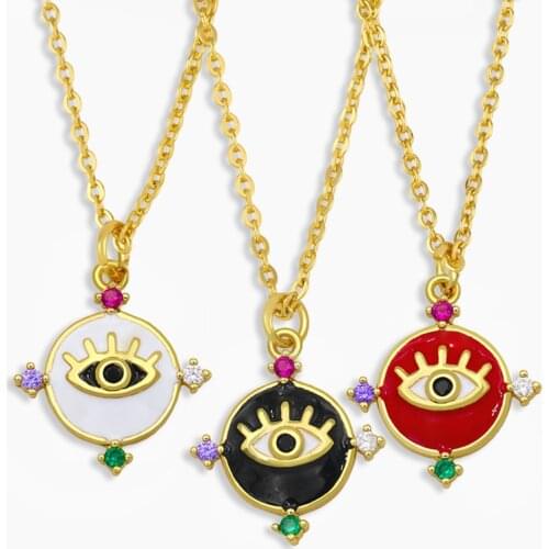 FLOLA Round Enamel Evil Eye Necklace For Women Small Turkish Eye Pendant Necklace Crystal Pave Multicolor Jewelry Gifts nket43