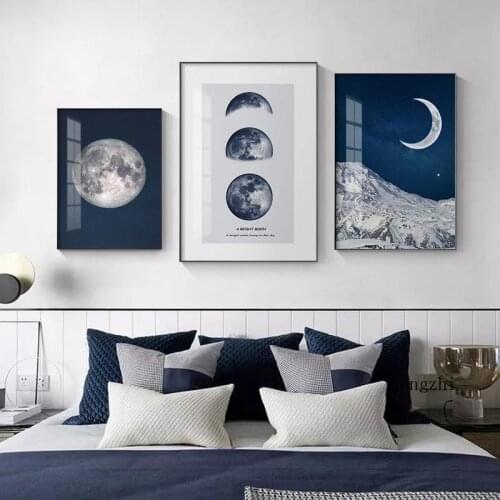Canvas Painting and Prints Night Sky Moon Phase Nordic Posters Minimalist Blue Wall Art Pictures for Living Room Bedroom Decor