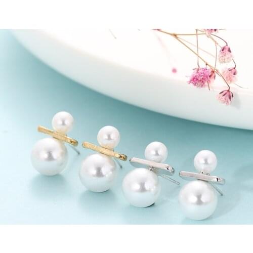 Korean Cute Oversize Imitation Pearl Snowman Earrings for Women Girl Gold Color Alloy Double Round Pearl Drop Earrings Jewelry