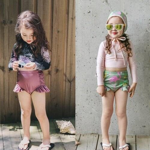 Baby Girls Bikini Split Swimsuit Long Sleeve Sunscreen Swimwear for Girls Breathable Flower Beachwear Children Vacation Swimsuit