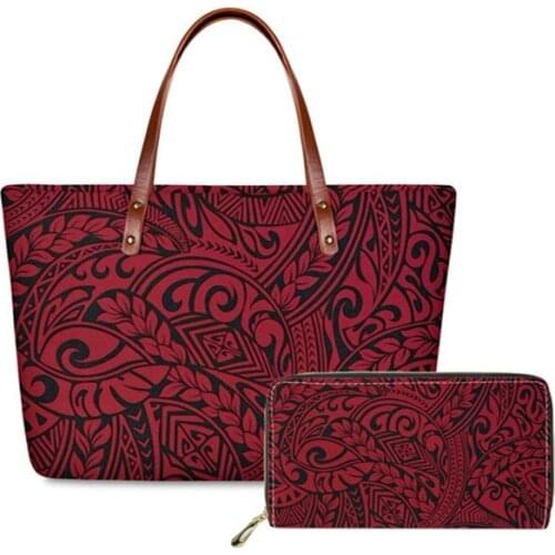 Fashion Custom mode Women 2pcs/Set Handbags Luxury Polynesian Traditional Tribal Style Tote Bags for Female Long Leather Wallets