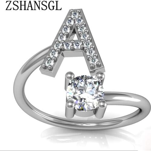Fashion 26 Letters Silver Color Rings for Women AAA CZ Open Finger Rings Female Wedding Ring Jewelry Anel Xmas Gift