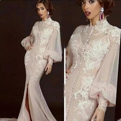 Muslim Evening Dresses Mermaid Long Sleeves Tulle Lace Slit Formal Islamic Dubai Saudi Arabic Long Elegant Evening Gown