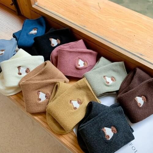 10 Pairs Women Socks Autumn Winter New Morandi Color Embroidery Cartoon Bear Socks Middle Tube Socks For Ladies Girls