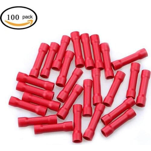 100pcs Butt Splice Crimp Connectors Red 22-16 Gauge Vinyl Fully Insulated PVC Wire Cable Butt Splice Connectors