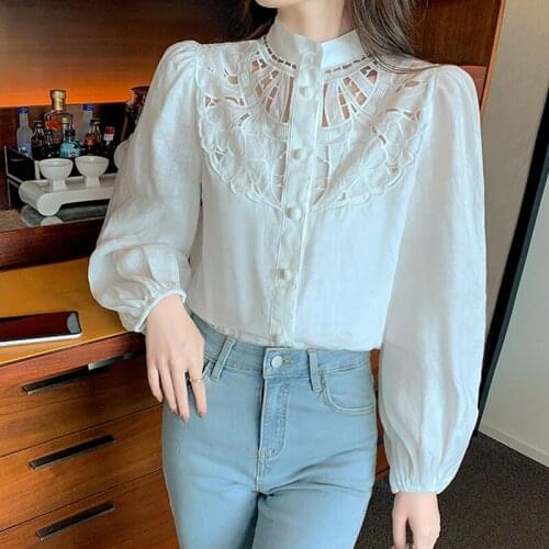 Autumn Lace Blouse Stand Collar Shirts Hollow Out Crochet Elegant Blouse Women Lantern Sleeve Loose White Shirt Blusas 16991