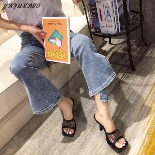 Europe America Sexy PU Square Toe Thin High Heels Slippers Peep Toe Mesh Ladies Slides Fashion Party Dress Mules Plus Size 35-42