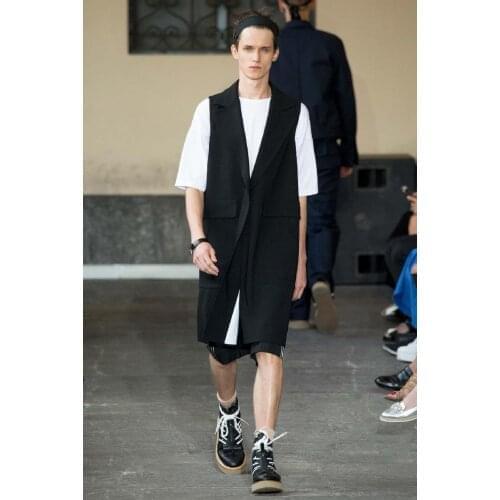 Self-made mens long sleeveless catwalk style custom vest black simple original design coat fashion. S-6XL