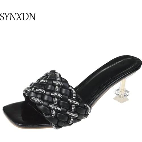 Summer Women Slippers Weave Thin Heels Bling Ladies Sandals Black Women Shoes High heel Slides Square Head Sexy Female Footwear