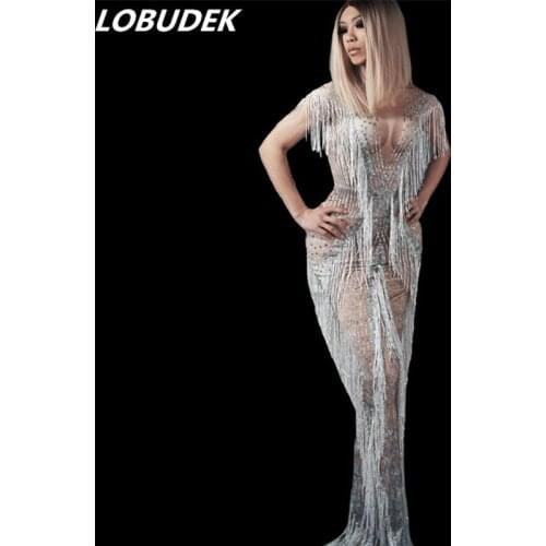 Silver Rhinestones Tassels Tights Dress Evening Party Ladies Singer Host Stage Long Dress Nightclub Bar Show Performance Costume