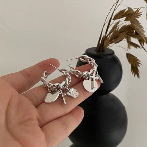 FLASHBUY Punk Korean Twisted Chain Hoop Earrings For Women Silver Color Cross Circle Pendant Earrings Couple Jewelry Gifts