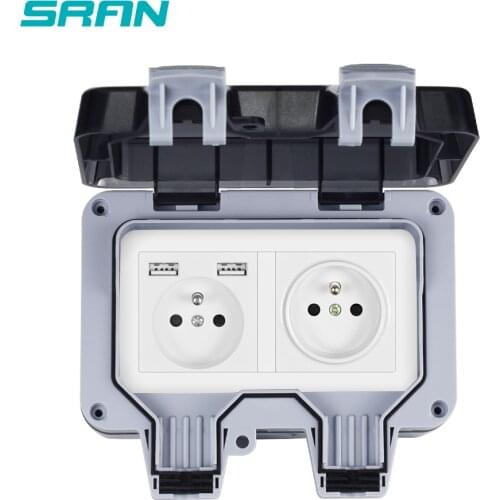 SRAN IP66 weatherproof waterproof outdoor wall power outlet double french Standard outlet with double USB 2.1A charging port