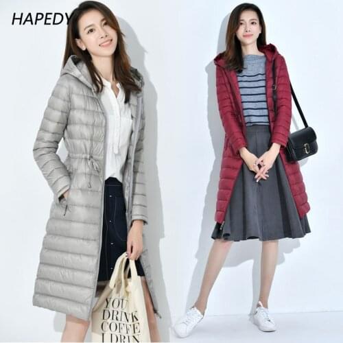 High Quality Women Fashion Light and Warm Down Jackets Winter Hooded Zipper Waist Adjustable Long Down Coats Casual Clothes
