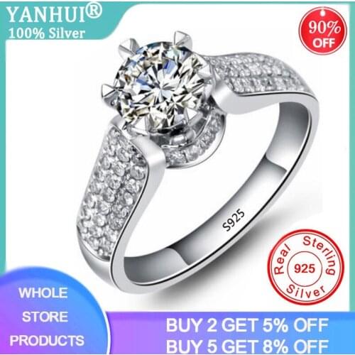 YANHUI 100% Original 925 Solid Silver Bright 1 Carat Zirconia Diamond Wedding Rings For Women Delicate Engagement Lover Rings