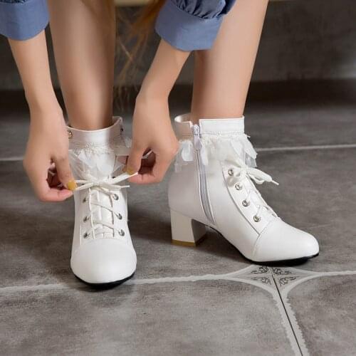 YQBTDL Sweet Hoof High Heels White Black Ruffles Tassel Cross Strap Winter Boots Party Shoes Biker Riding Booties Ankle Boots 42