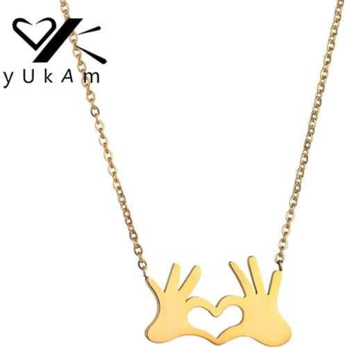 YUKAM Sweet Love Double Hands Heart Pendants Necklaces Gold Stainless Steel Charms Short Chain Necklaces Jewelry for Women Gifts