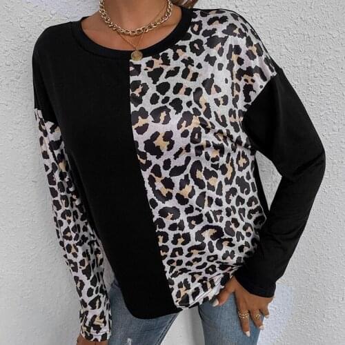 Womens New Stitching Leopard Print Round Neck Long Sleeve Casual Loose T-Shirt Black