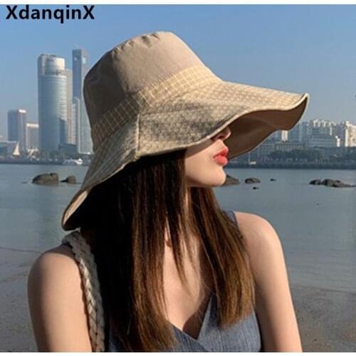 XdanqinX Summer Womens Hat Oversized Brim Bucket Hats Foldable Solid Beach Hat Fashion Trend Sun Protection Anti-UV Travel Cap