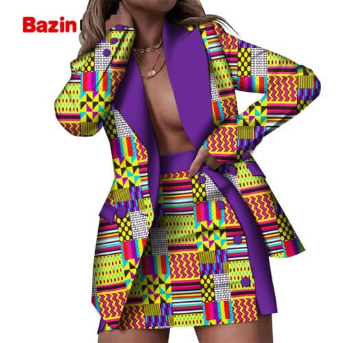 Two Pieces Set Ankara Womens Blazer jackets African Print Long Sleeve Blazer and Knee-length Skirt Sexy Suits Streetwear WY675