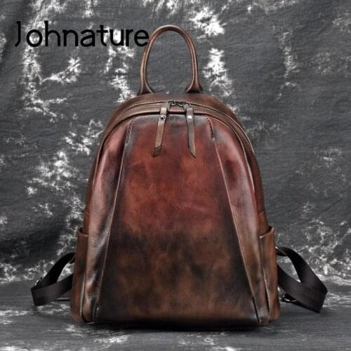 Johnature Vintage Genuine Leather Bagpack Women Bag 2021 New Leisure Large Capacity Cowhide Backpack Retro Travel Backpack