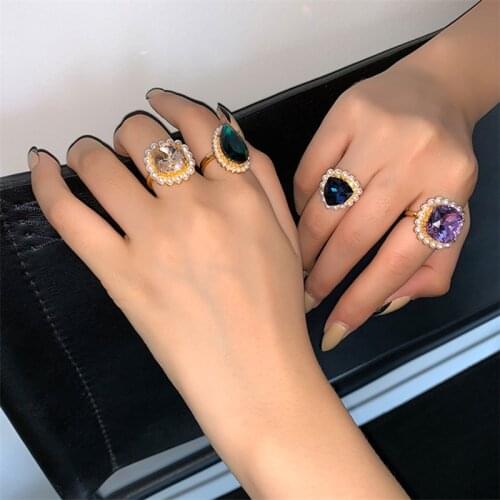 AOMU Vintage Colorful Pearl Ring Elegant Luxury Transparent Geometric Zircon Rhinestone Rings for Women Girl