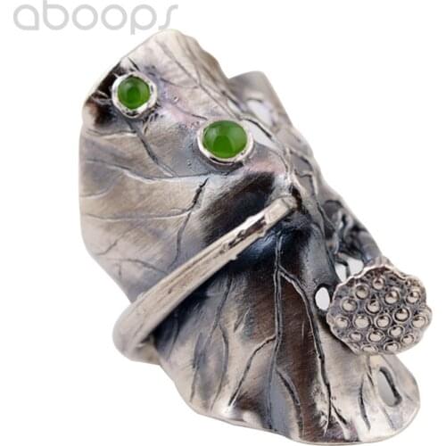 Big 990 Sterling Silver Lotus Leaf Ring with Green Jade for Women Girls,Adjustable Size 8.5-9.5,Free Shipping