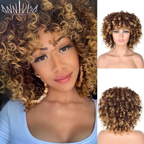 14inch Short Synthetic Wig Afro Kinky Curly Wigs For Black Women Ombre Glueless Natural High Temperature Hair Annivia