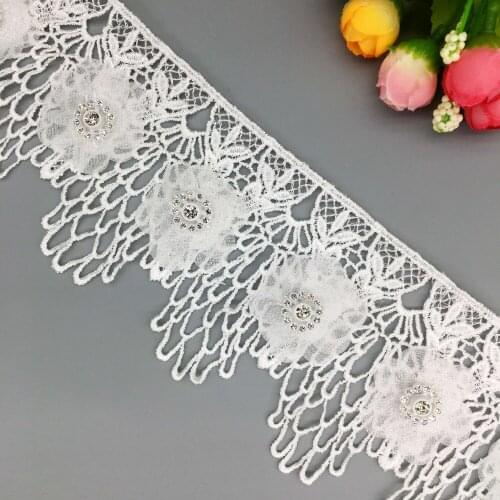 20x 3D Diamond Rhinestones Waving Flower Embroidered Lace Trim Applique Ribbon Fabric Sewing Craft For Wedding Dress Decoration